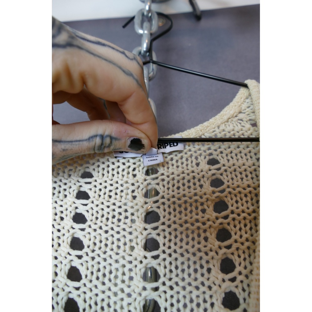 Solid And Striped Cream Crochet Knit Maxi Dress Long Sleeve V Neck Button Accent - Picture 7 of 15